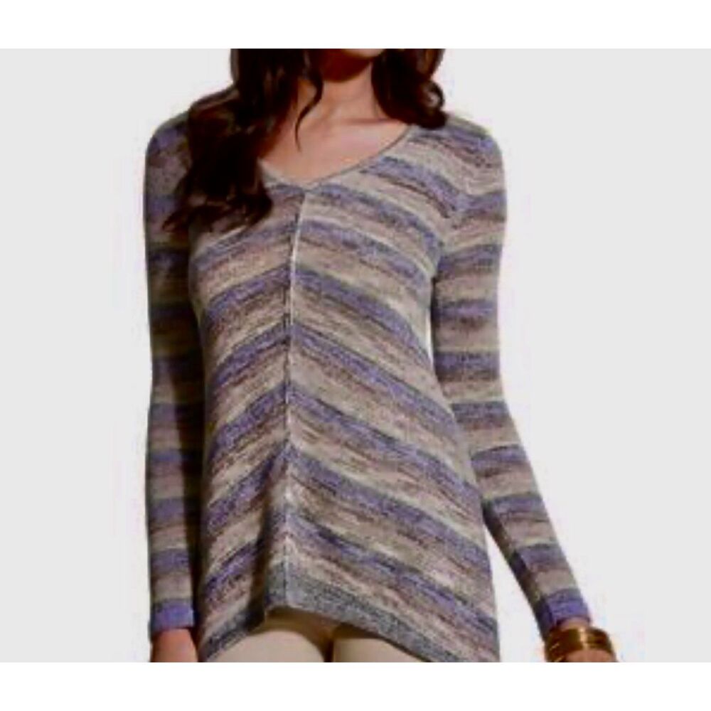 Chico's Sara Shimmer Striped Long Sleeve Sweater Asymmetrical Hem Sz 1 M